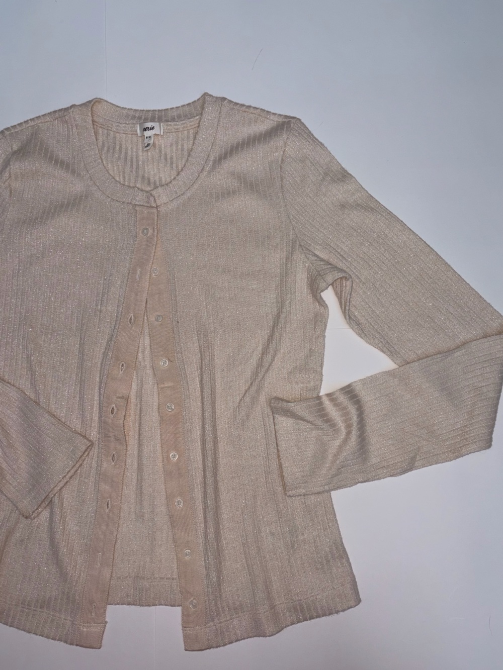 NWOT Aerie Light Beige Shimmer Ribbed Button down long sleeve - Picture 3 of 6